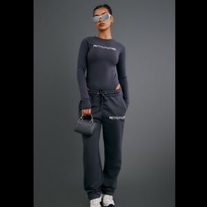 Pretty Little Thing Charcoal Bodysuit & Straight Leg Sweatpants Set